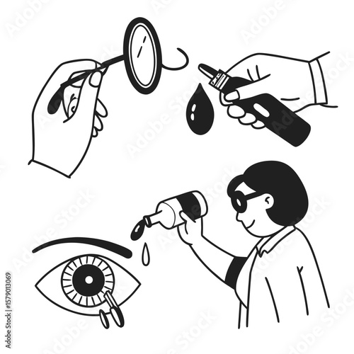 Eye Care Routine Illustration with Contact Lens Insertion Eye Drops Application and Eye Irrigation in Black and White Style