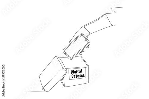 Hands put down smartphones to limit the use of digital devices. Digital detoxes concept one-line drawing