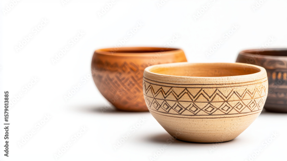Minimalist image of three decorative ceramic bowls with intricate patterns and earthy tones, showcasing craftsmanship and artistry Minimalist image of three decorative ceramic bowls with intricate patterns and earthy tones, showcasing craftsmanship and artistry