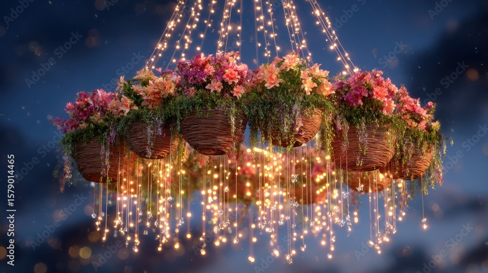 Fototapeta premium Floral chandelier, glowing lights, hanging baskets