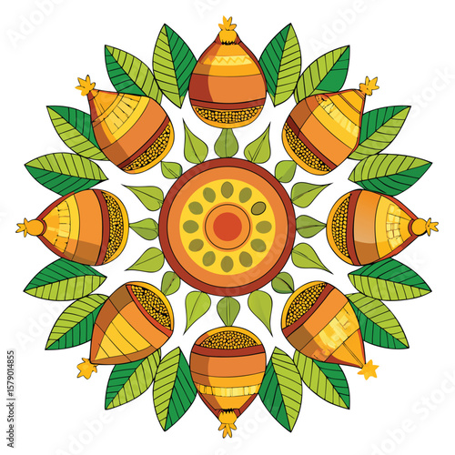 A mandala featuring radial patterns of Kalash pots, symbolizing abundance and traditional Indian rituals.