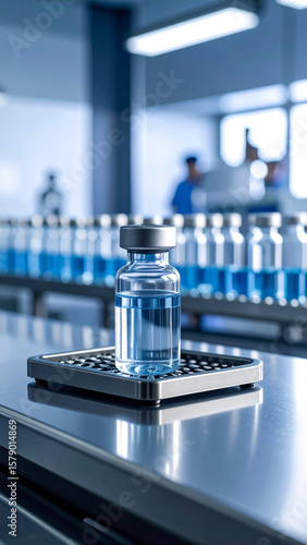 Wallpaper Mural Clear vaccine vial sits sterile stainless steel table, illuminated by studio lighting Torontodigital.ca