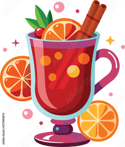 Fresh Fruit Slice Graphics Festive Mulled Wine in a Glass Mug with Orange Slices and Cinnamon Stick Illustration
