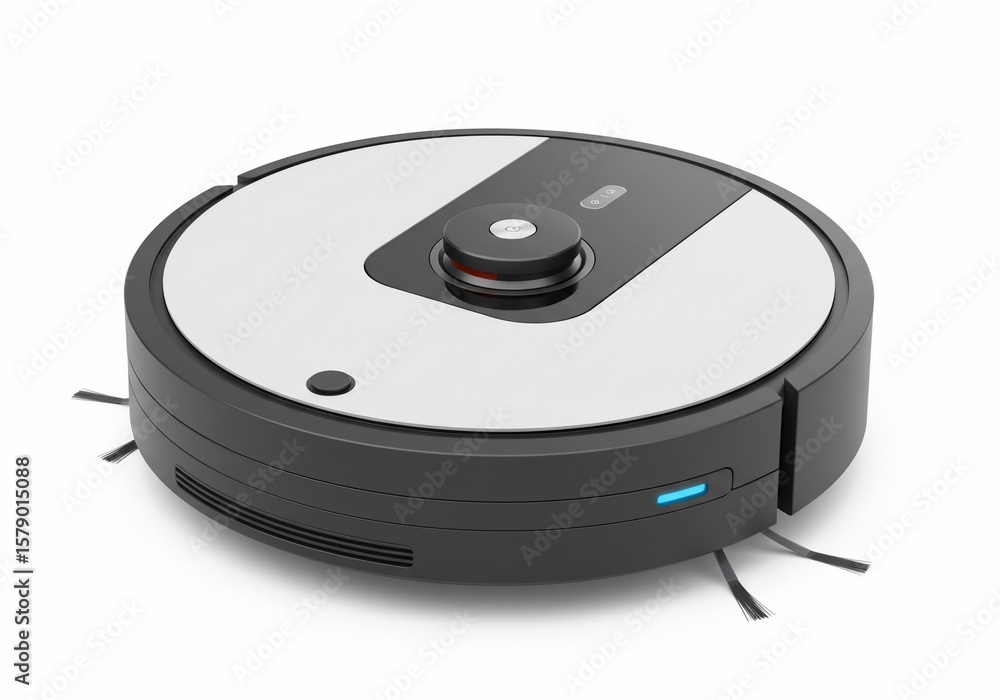 Fototapeta premium Sleek robotic vacuum cleaner with white top and dark gray body on white background