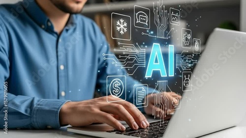 Man working with ai technology and animated video elements