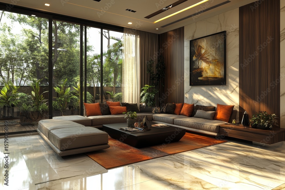 Fototapeta premium Modern living room interior 3D rendering, Generative AI
