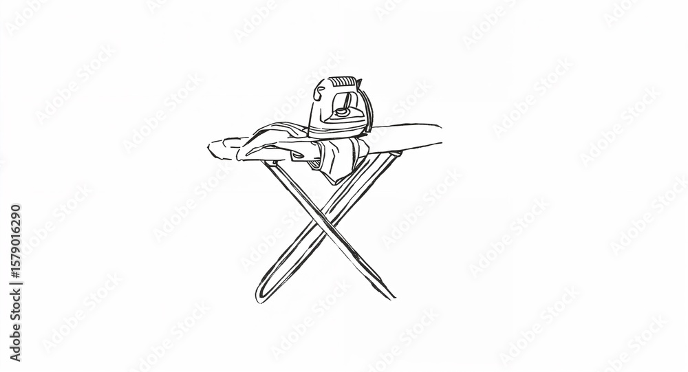 Obraz premium Ironing board with folded iron line art hand drawing in plain white background