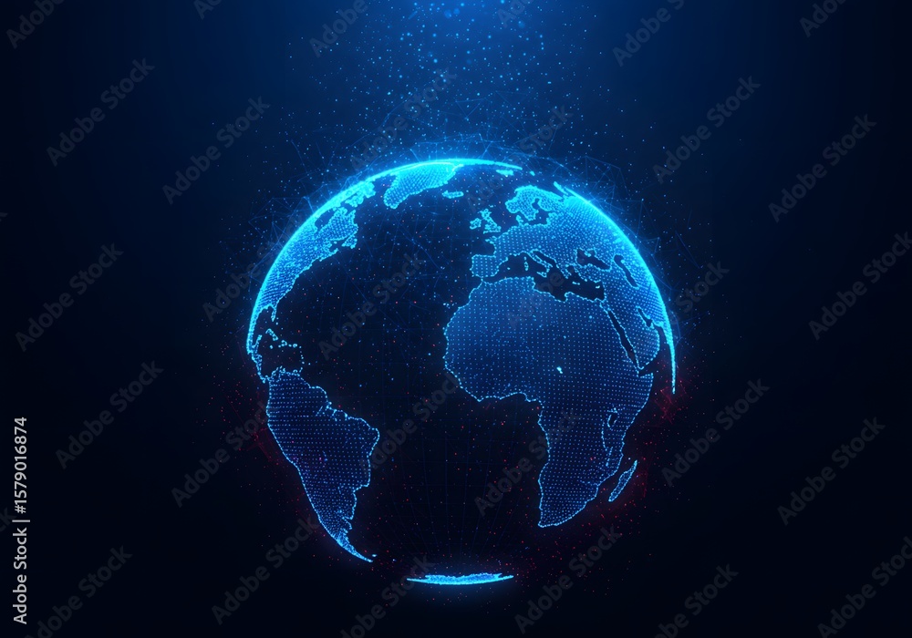 Digital earth globe with glowing blue continents on a dark background with particles above it Digital earth globe with glowing blue continents on a dark background with particles above it