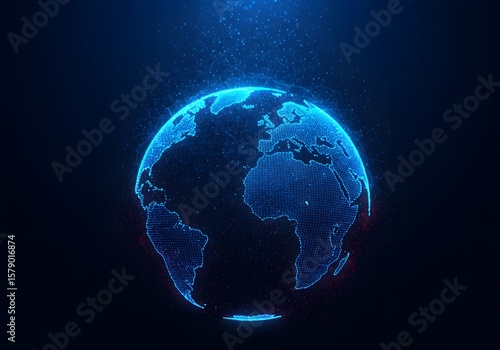 Digital earth globe with glowing blue continents on a dark background with particles above it
