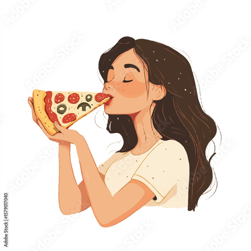 a girl tasting a slice of pizza