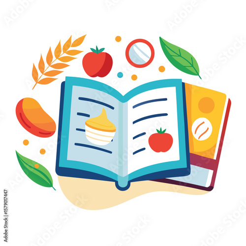 An open recipe book with vibrant illustrated food images, inviting culinary exploration and creativity.