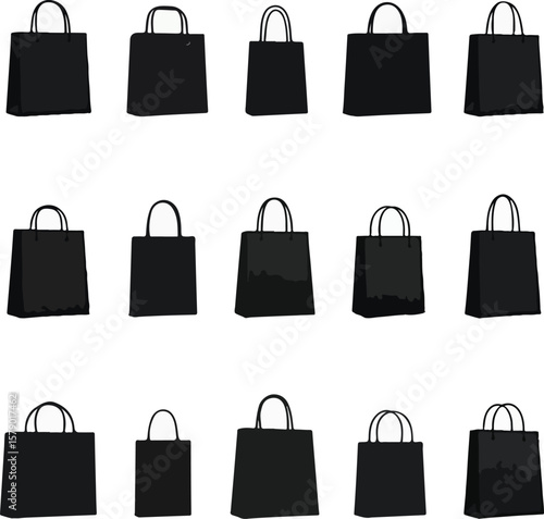 Black shopping bags with white handles isolated vector silhouette design on transparent background