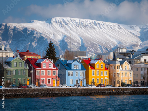 Reykjavik colorful houses and mountains
