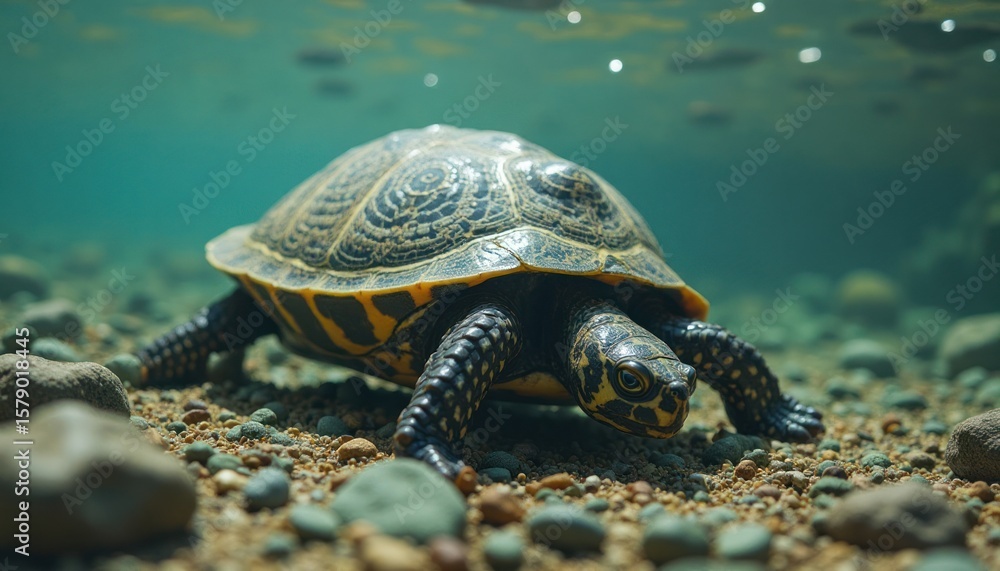 Turtle Walking on Gravel Bottom Underneath Clear Greenish Water Turtle Walking on Gravel Bottom Underneath Clear Greenish Water