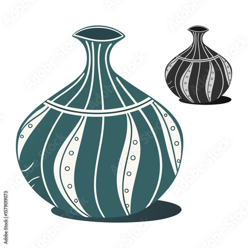 Decorative ceramic vases illustrations in teal and black colors with abstract patterns on a clean white background