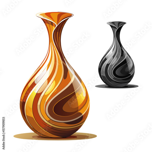 Two decorative artistic vases in swirl pattern design featuring glossy reflections on a white background.