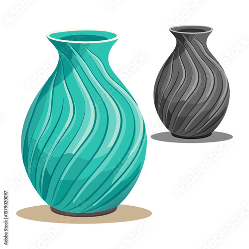 Two stylized decorative vases with textured spiral patterns in teal and grayscale colors against white background