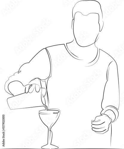 One continuous line drawing on white isolated background. Minimalism linear illustration. barkeeper, cocktail, drink, nightlife, occupation, person, preparation, adult, alcohol, bar