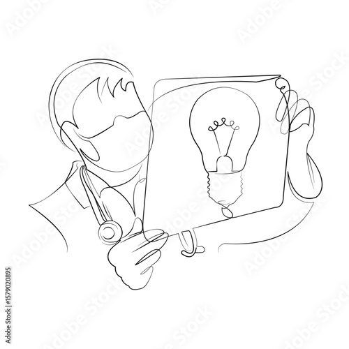 One continuous line drawing on white isolated background. Minimalism linear illustration. disease, doctor, hospital, medicine, analysis, diagnosis, idea of results