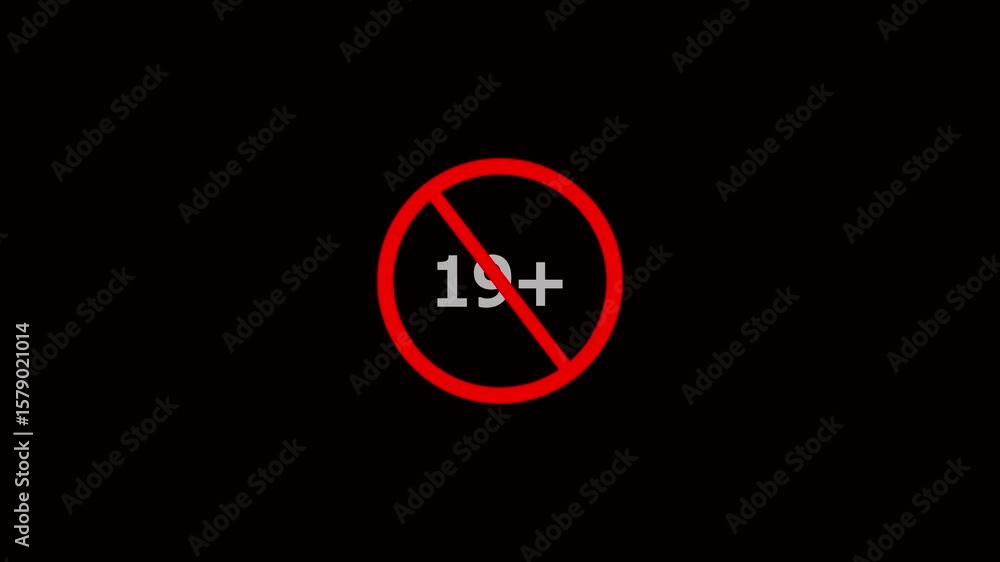 Animation of under 19 prohibition sign symbol on a black background. 19+ not allowed icon.Under 19+ sign warning symbol animation. Animation of under 19 prohibition sign symbol on a black background. 19+ not allowed icon.Under 19+ sign warning symbol animation.