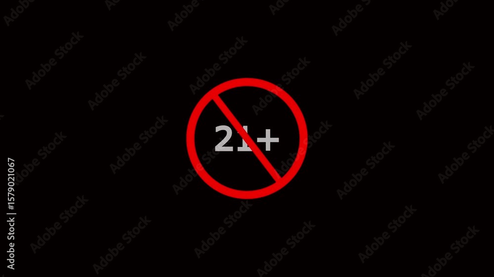 Animation of under 21 prohibition sign symbol on a black background. 21+ not allowed icon.Under 21+ sign warning symbol animation. Animation of under 21 prohibition sign symbol on a black background. 21+ not allowed icon.Under 21+ sign warning symbol animation.
