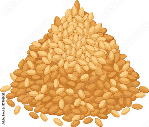 Fresh Fruit Slice Graphics Heap of Golden Sesame Seeds, Isolated on White Background, Organic Food, Natural Product, Culinary Ingredient,...