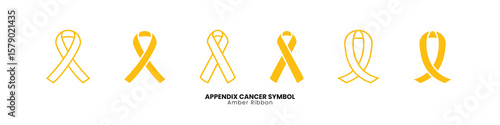 Amber ribbon icon set for appendix cancer awareness. Includes flat and outline styles, perfect for medical posters, health campaigns, survivor support graphics, oncology events, and charity design