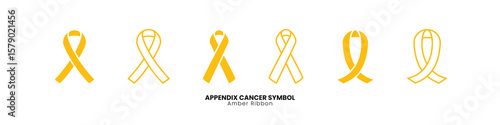 Amber ribbon vector collection for appendix cancer awareness. Features six flat and outline icons, ideal for medical campaigns, oncology support, survivor graphics, charity events and health education