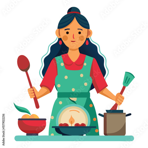 A rural woman cooking on a traditional stove with smoke, depicting authentic village life.
