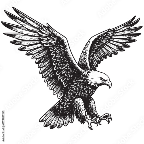 Vintage engraved flying eagle with spread wings in bold black and white hand-drawn line style