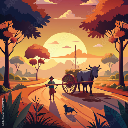 Man pulling ox cart through rural landscape at sunset