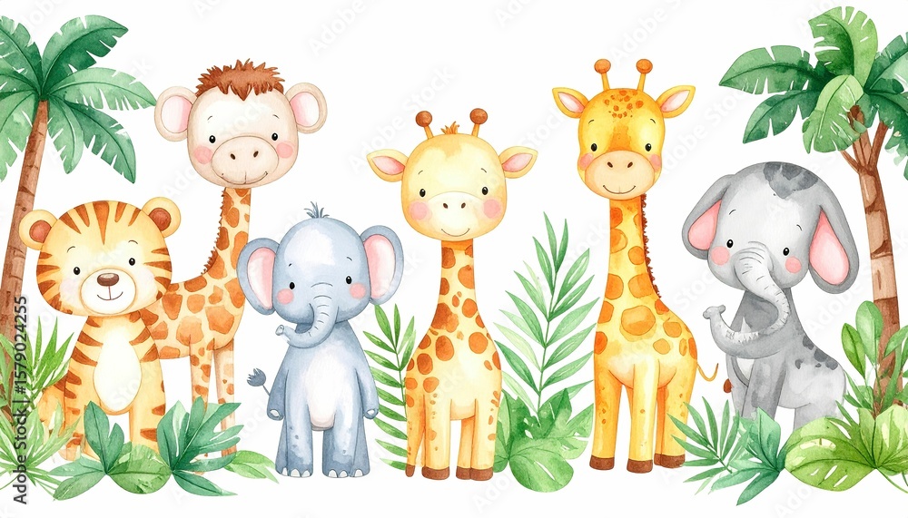 Obraz premium Cute cartoon safari animals with quirky watercolor jungle backgrounds, playful and vibrant.