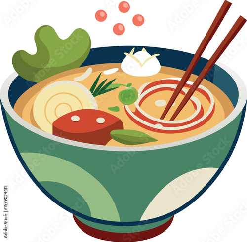 Seafood Platter Design Graphics Delicious Asian Noodle Soup in a Vibrant Green Bowl with Chopsticks