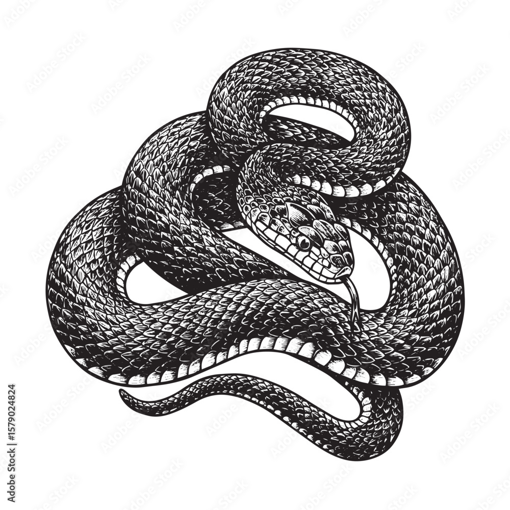 Obraz premium Coiled snake engraved in bold black line style with raised head and flicking tongue