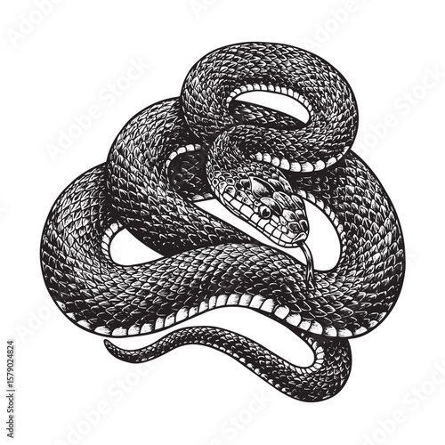 Coiled snake engraved in bold black line style with raised head and flicking tongue