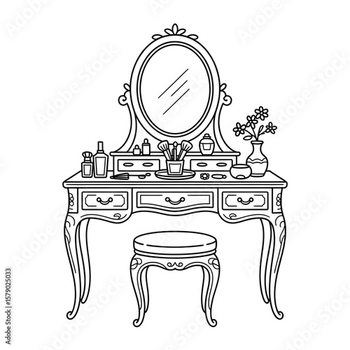 A beautiful line drawing of a dressing table coloring page