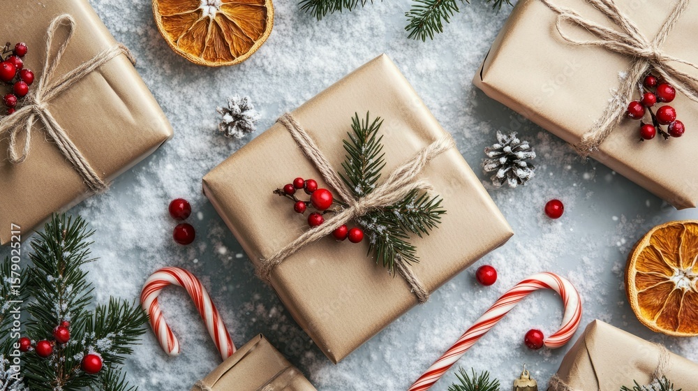 Obraz premium Christmas eco background with craft paper gift boxes lying on the snow. Spruces, oranges, red berries and candy canes decorations. Cozy winter flat lay.