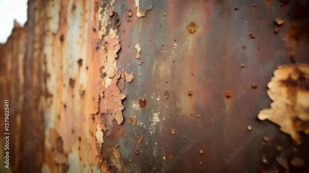 Abstract texture of rusted metal surface with peeling paint, grunge background with cracked rusty iron panel, weathered backdrop