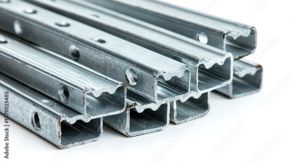 Obraz premium Metal channels stacked together, showcasing their shiny surface and structural design, ideal for construction and industrial use
