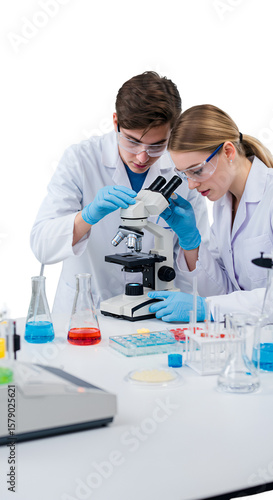 Realistic Image Two Scientists Conducting Experiment with Microscope Isolated