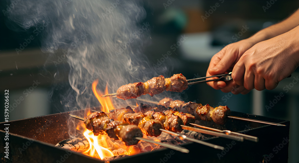 Fototapeta premium Hands Grilling Succulent Meat Skewers Over Blazing Barbecue Coals with Rising Smoke and Flames