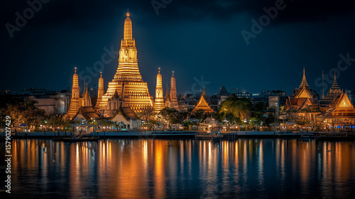 Bangkok night skyline with temples and lights