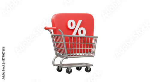 Shopping Cart with Red Percentage Sign 3D Render Transparent Background