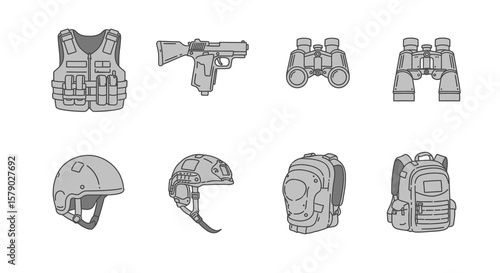 Collection of Gray Military Tactical Gear Illustrations: Vest, Pistol, Binoculars, Helmets, and Backpacks