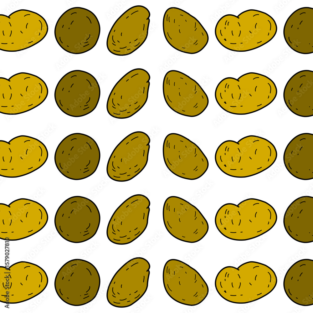Fototapeta premium Seamless pattern of hand drawn cartoon potatoes in brown color, perfect for food-themed illustrations, educational materials, recipe graphics, and farm-related designs.