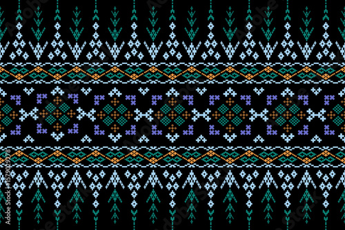 Beautiful traditional woven fabric pattern featuring prominent geometric and orderly row arrangements. The colors used are green, purple, orange, and white on a black background.
