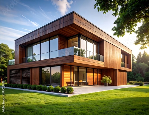 Modern wooden house at sunset