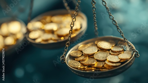 Economy balancing antique concept. Golden coins balanced in scales, symbolizing wealth and fairness.