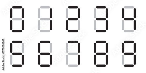 Digital number display set. Clock digits and calculator numbers in black and white. Mockup of electronic counters and timers
