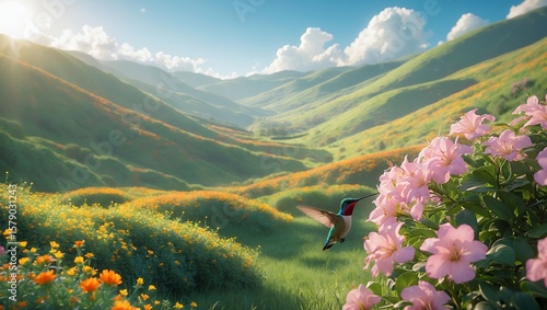 Wallpaper Mural Hummingbird flying over valley with flowers and mountains Torontodigital.ca